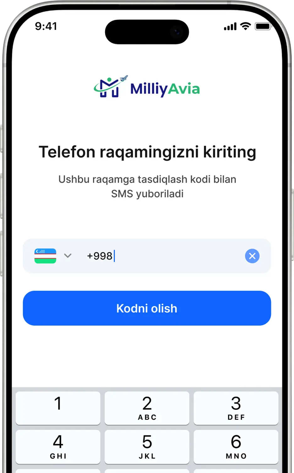 Ro‘yxatdan o‘tish uchun ilovaga kirib telefon raqamingizni kiriting.