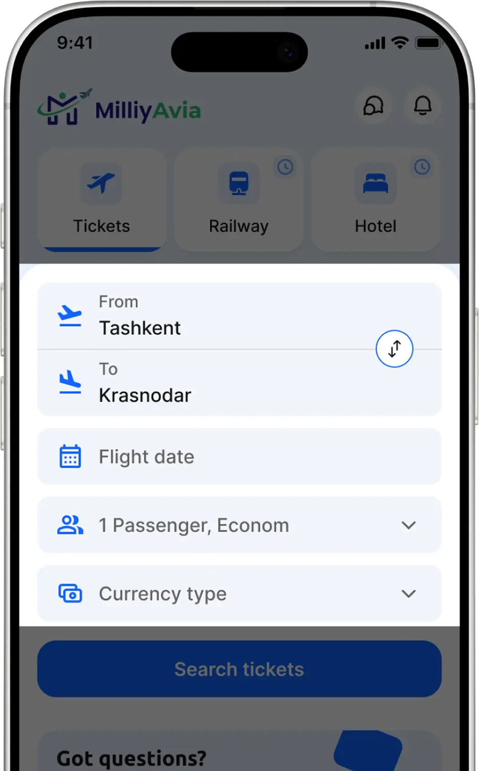 Choose your destination, departure date, number of passengers, and currency, then search for tickets.