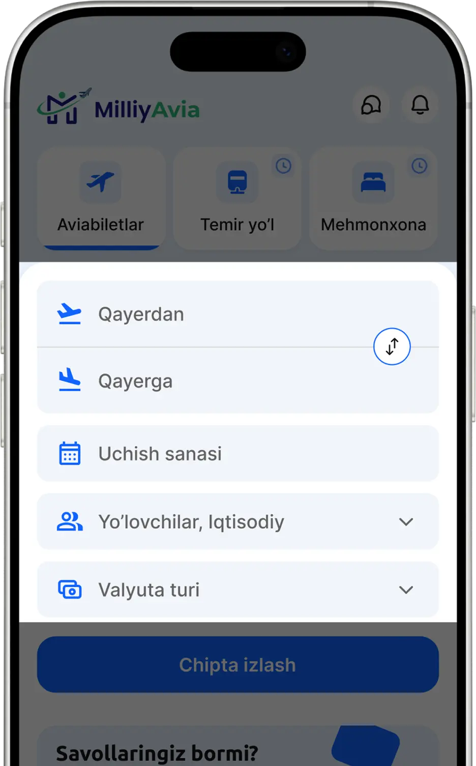 Asosiy sahifada o‘zingizga kerakli yo‘nalish, uchish sanasi, yo‘lovchilar soni va valyuta turlarini tanlab chiptani izlang.